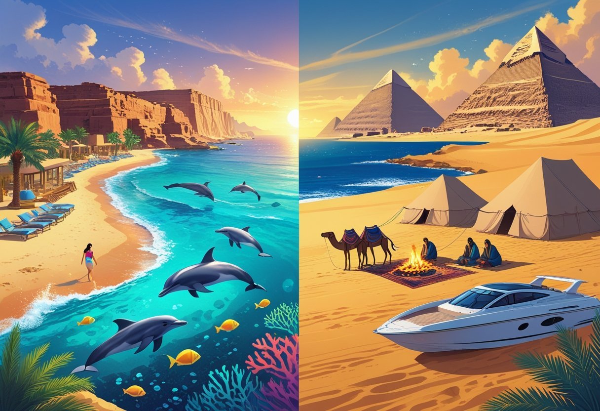 A holiday scene showing people swimming with dolphins in the Red Sea near Sharm el Sheikh, a Bedouin camp with dinner in the desert, camels resting, the Pyramids of Giza and the Sphinx in the background, and a motorboat on the water.