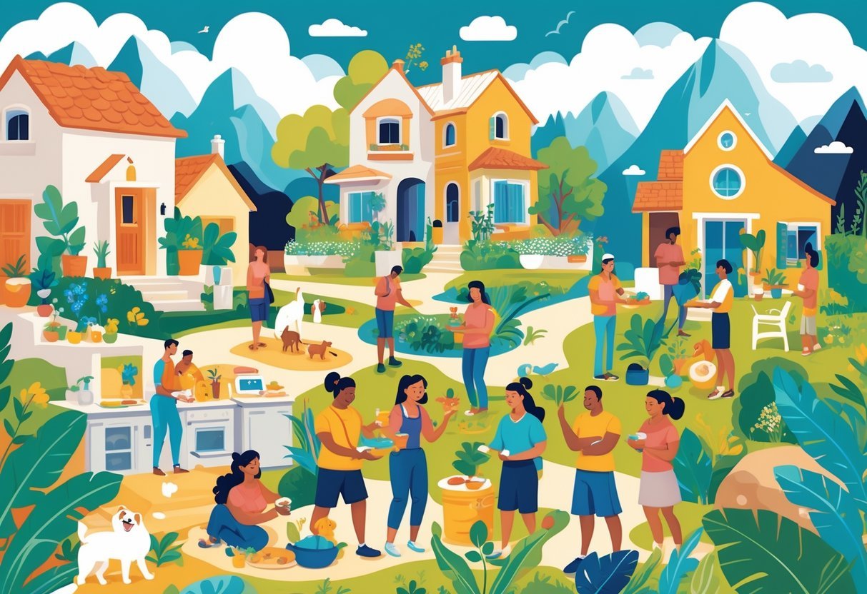 People from different cultures interacting in various travel and hospitality settings, caring for pets, gardening, sharing meals, and socializing in diverse global environments.