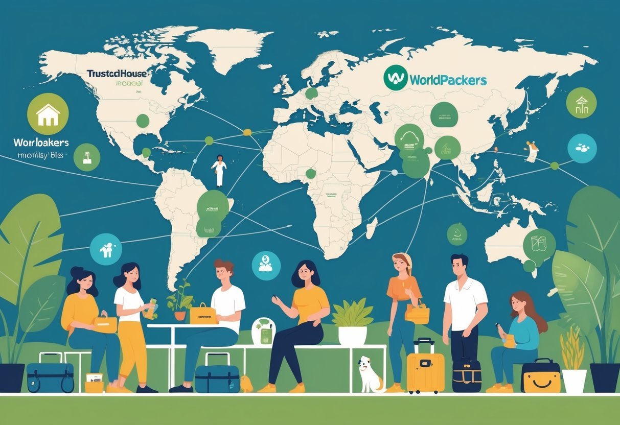 People from different cultures connecting worldwide through activities like pet sitting, gardening, and hosting, with a world map and travel icons in the background.
