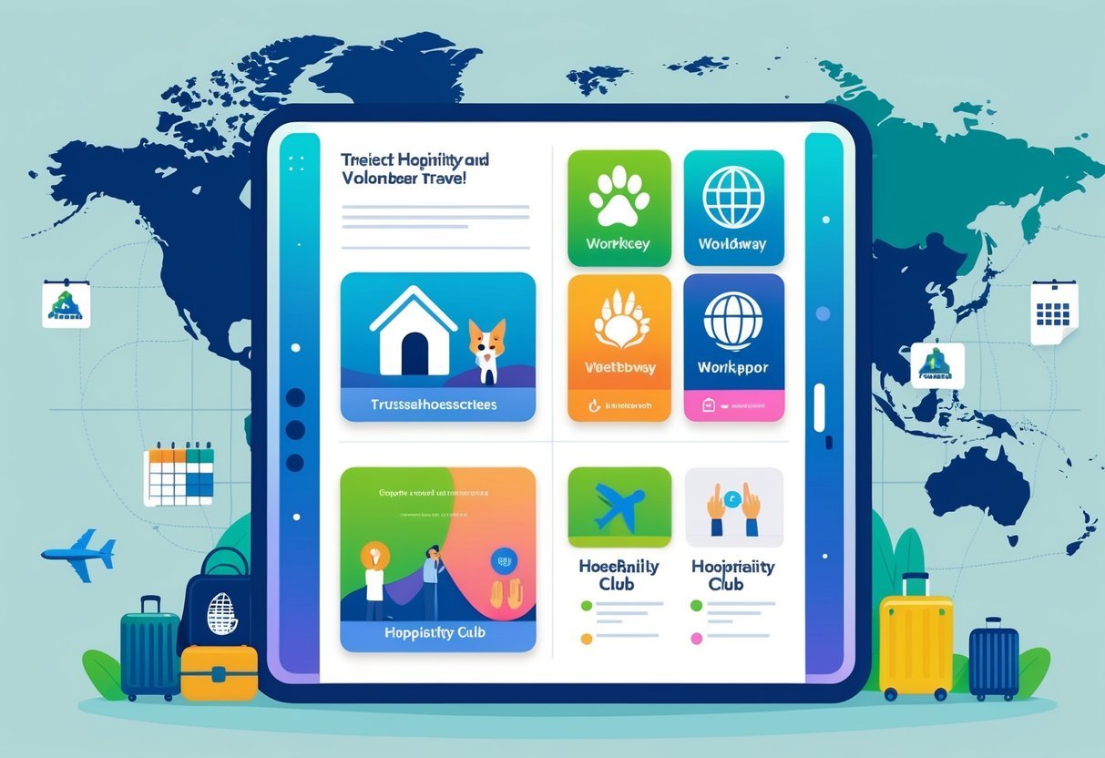 An infographic-style illustration showing four sections representing different travel and hospitality platforms with icons like a house with a paw print, globe with helping hands, backpack with a map, and interconnected people, set against a world map background with travel elements.
