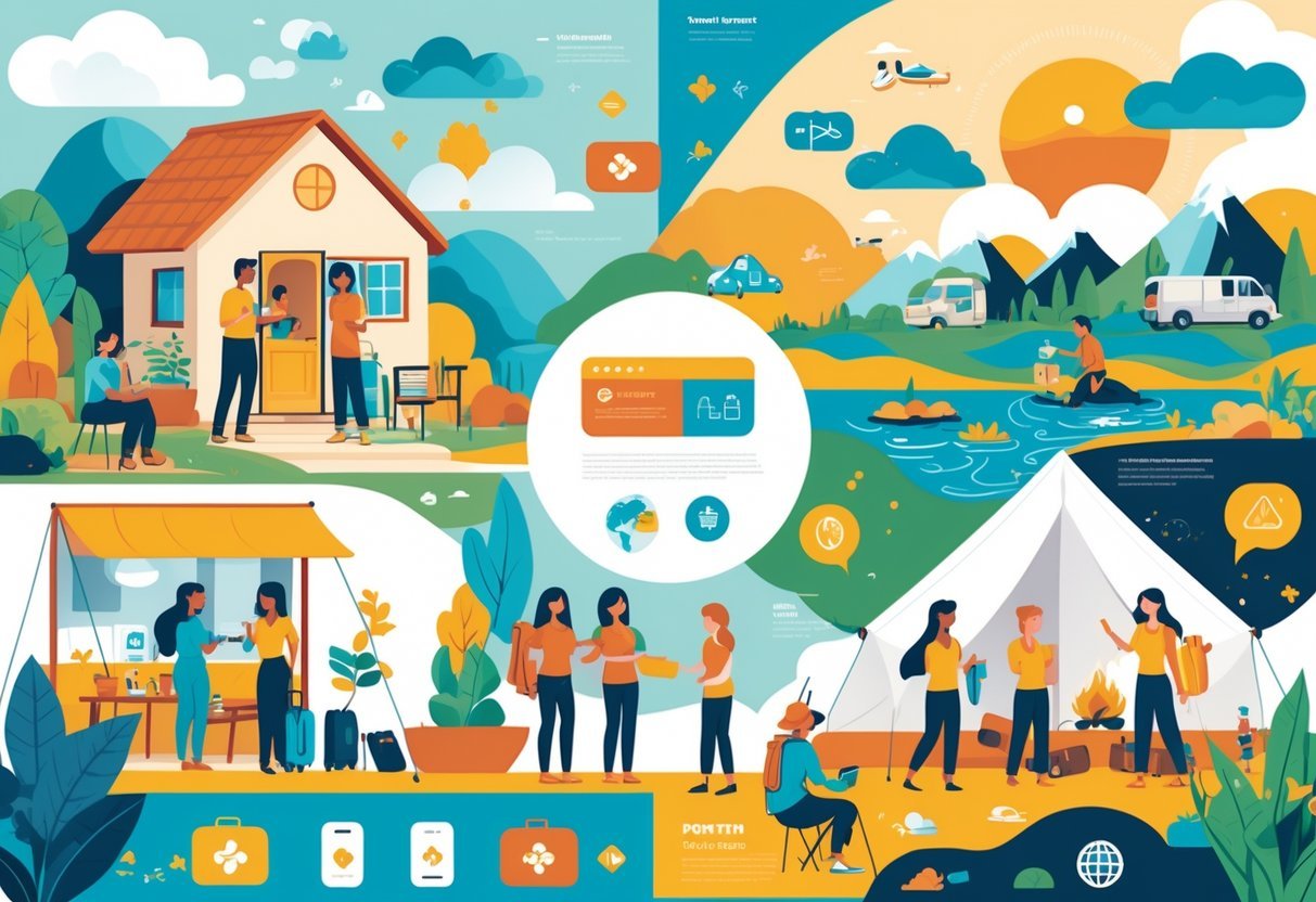 A group of travelers and hosts interacting in various global settings including a home, campsite, and garden, symbolizing cultural exchange and volunteer travel.