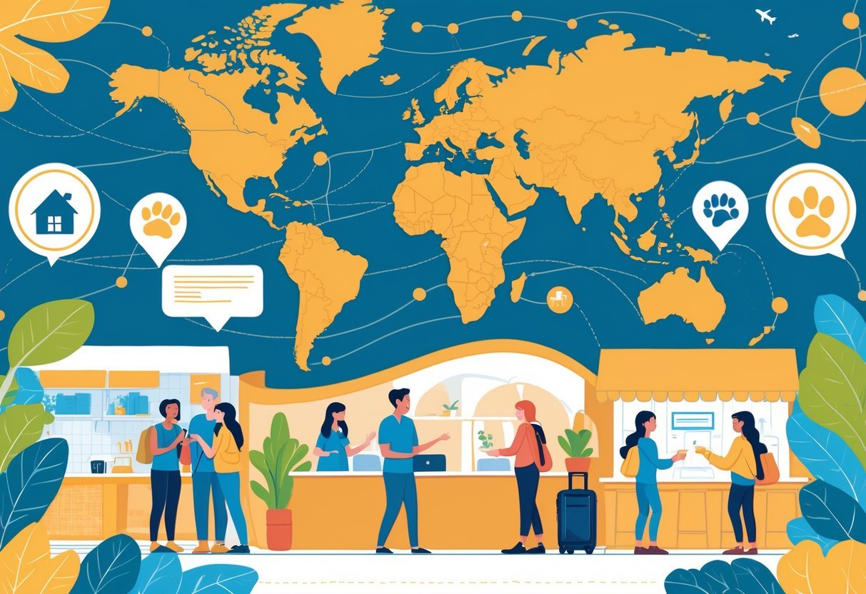 A group of diverse travelers and hosts interacting warmly in different hospitality settings with a world map showing global connections in the background.