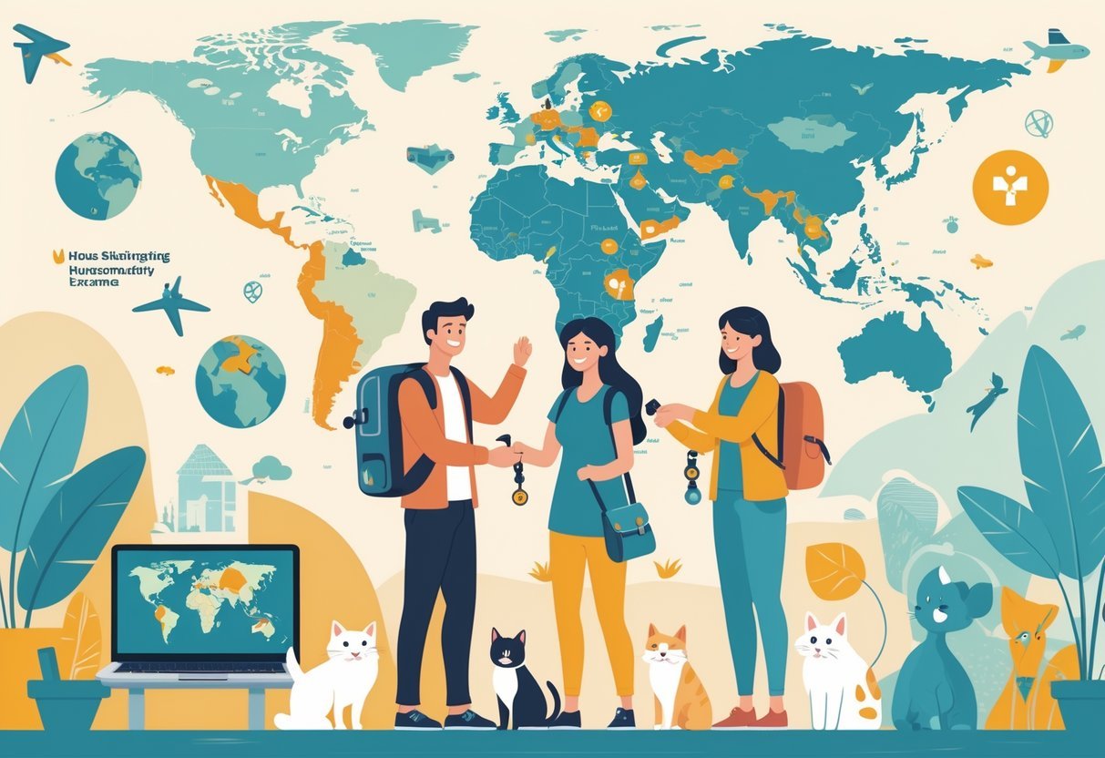 A group of travelers and homeowners exchanging house keys near a cozy home with pets, with global landmarks and a laptop map in the background symbolizing international house sitting and hospitality exchange.