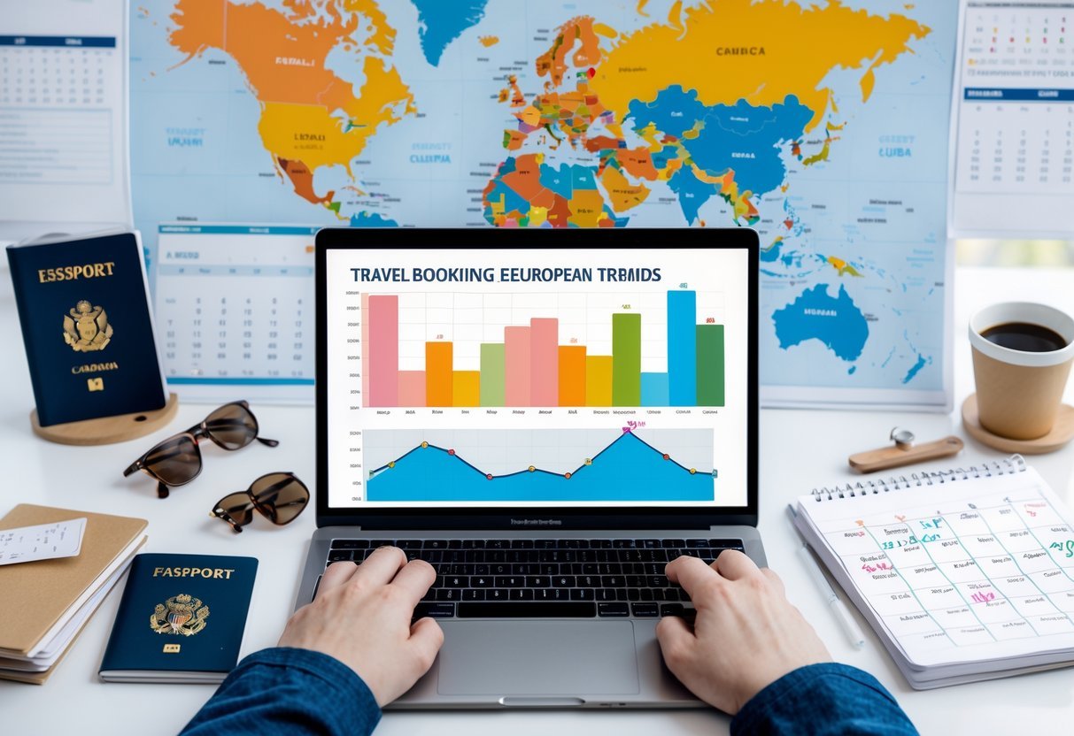 A workspace with a laptop showing travel data charts, a European map with markers, a calendar, and travel items like a passport and sunglasses.