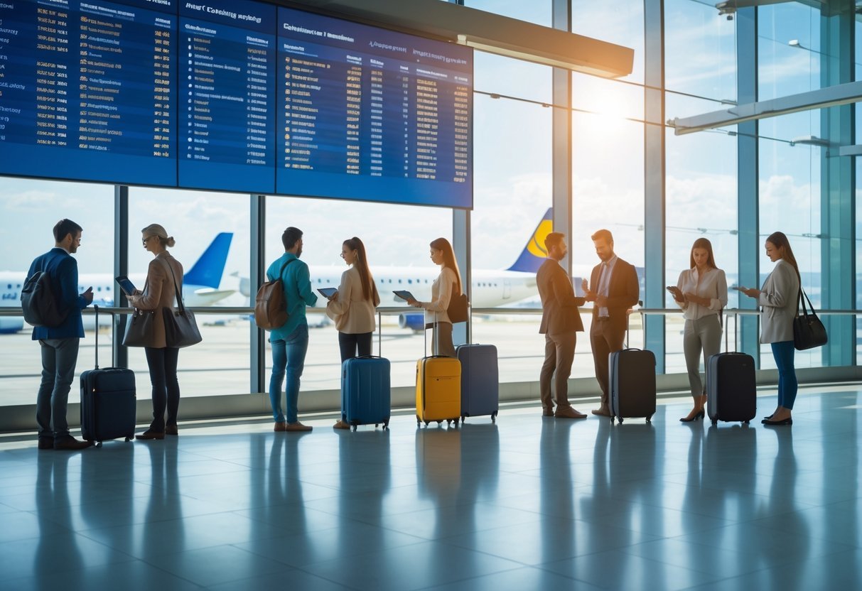Travelers at an airport terminal looking at flight information screens and using devices to book flights, with airplanes visible outside the windows.
