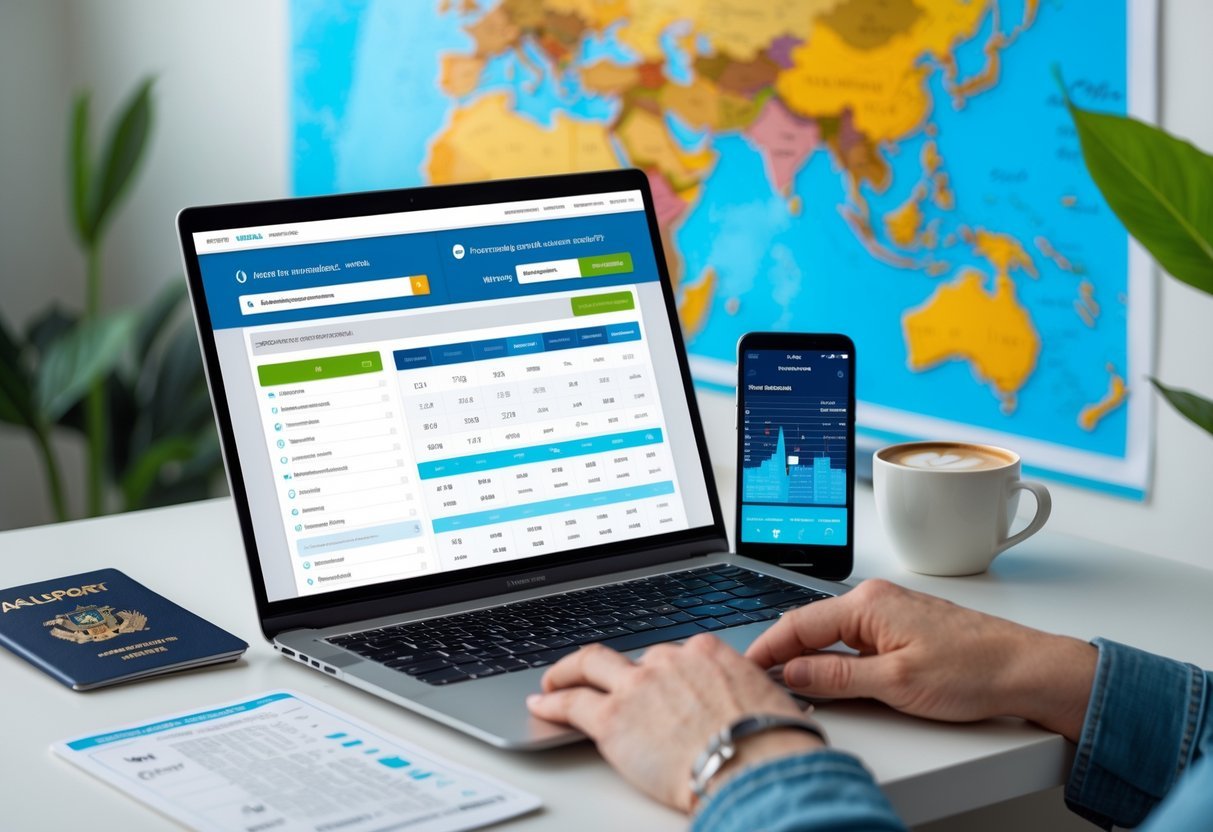 A workspace with a laptop showing flight booking information, a passport, plane ticket, smartphone with airfare charts, and a world map highlighting Europe.