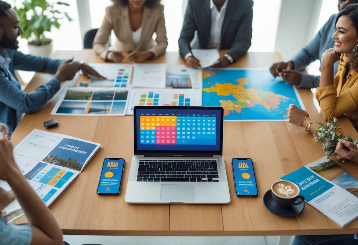 People planning a European vacation around holidays and peak seasons using a laptop with a calendar, maps, and travel brochures on a table.