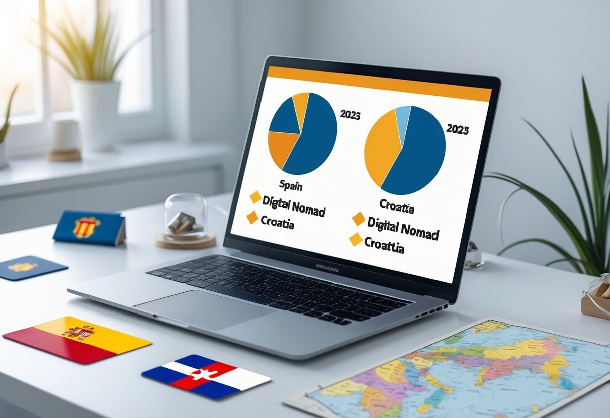 A modern workspace with a laptop showing a digital comparison chart of Spain and Croatia