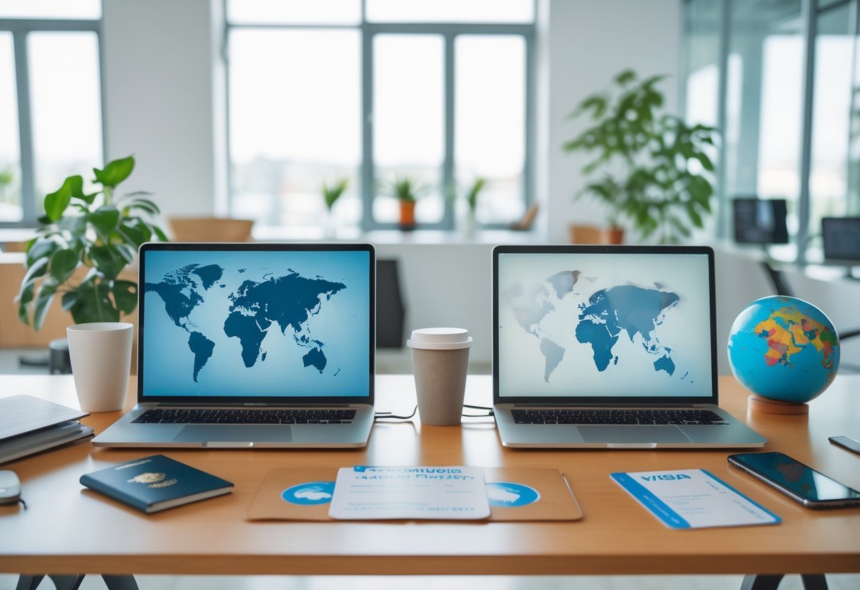 A workspace with two laptops showing maps of Spain and Croatia, surrounded by travel items like a passport, boarding pass, smartphone, coffee cup, and a small globe on a wooden desk in a bright office.