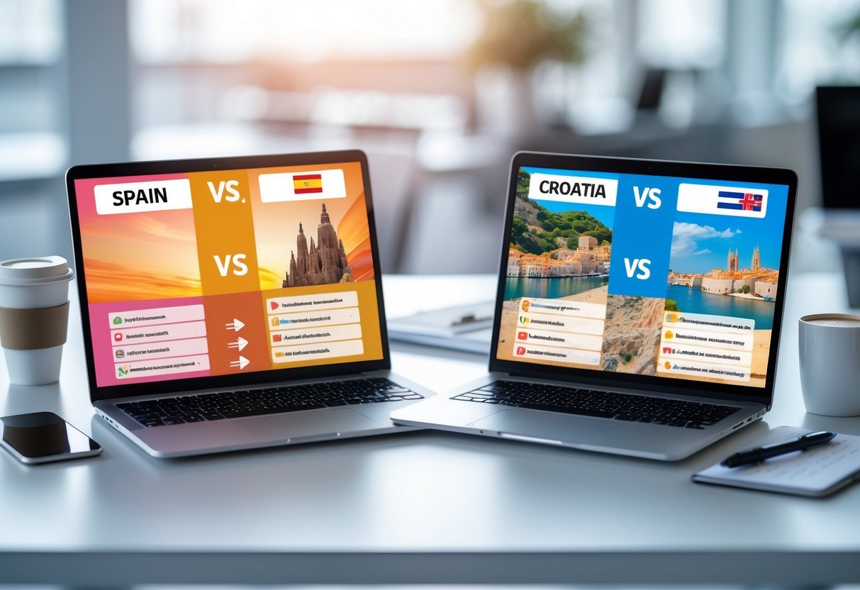Two laptops on a desk displaying side-by-side visual comparisons representing Spain and Croatia with iconic landmarks and flags, surrounded by office items like a coffee cup and notepad.