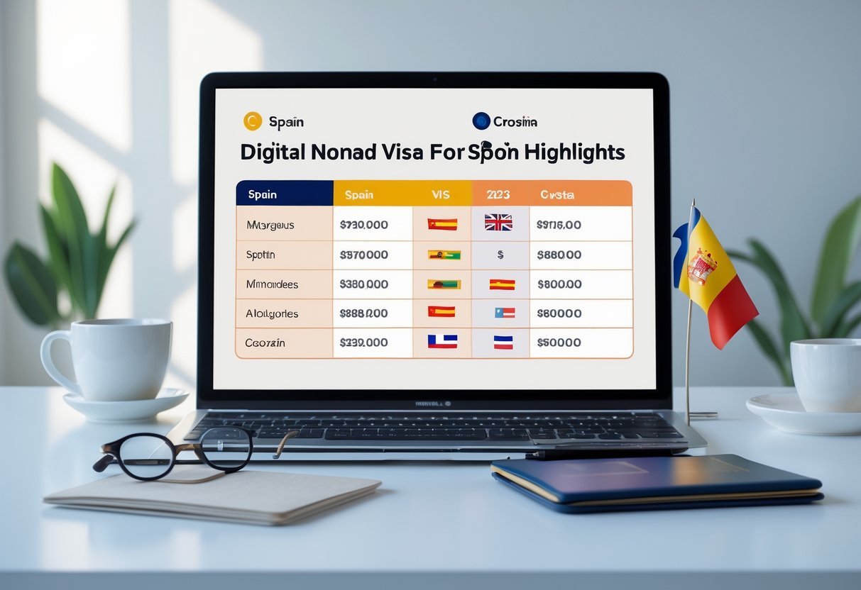 A workspace with a digital device showing a comparison table about digital nomad visas for Spain and Croatia, with small flags of both countries and travel items nearby.