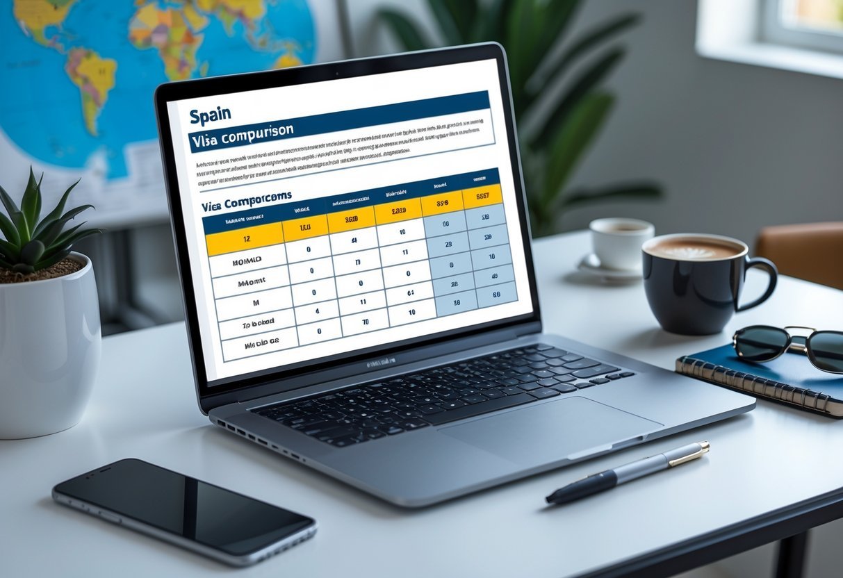 A workspace with a laptop showing a visa comparison table for Spain and Croatia, surrounded by travel items like a passport and coffee cup.