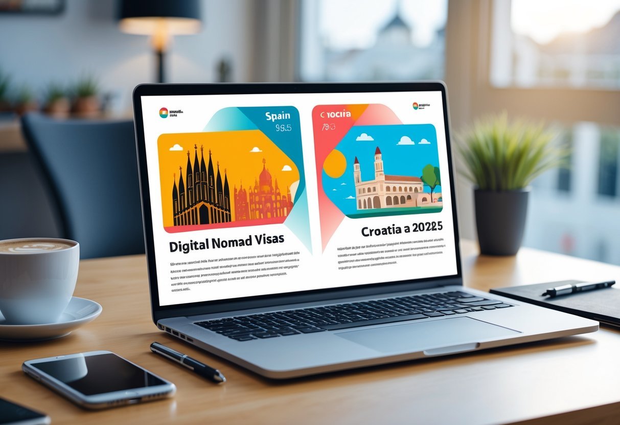 A modern workspace with a laptop showing two colorful infographic panels side by side representing Spain and Croatia, surrounded by a coffee cup, smartphone, and notepad.