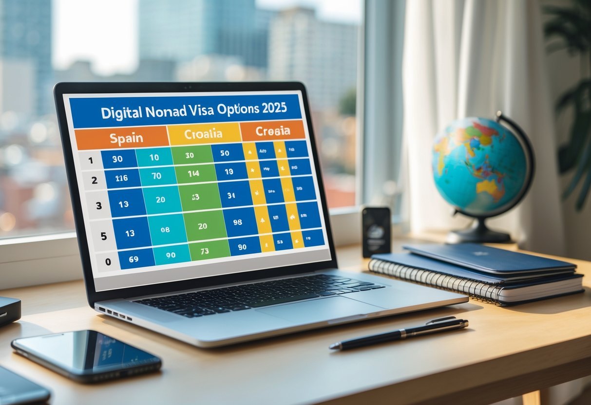 A laptop on a wooden desk displaying a colorful comparison table, surrounded by a smartphone, notebook, pen, and travel items, with a blurred city view in the background.