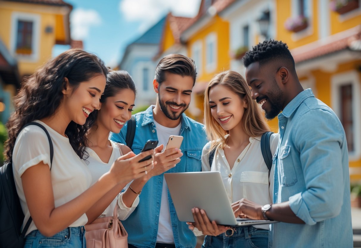 A group of travelers using smartphones and laptops outdoors while interacting with a local tour guide in a lively city setting.