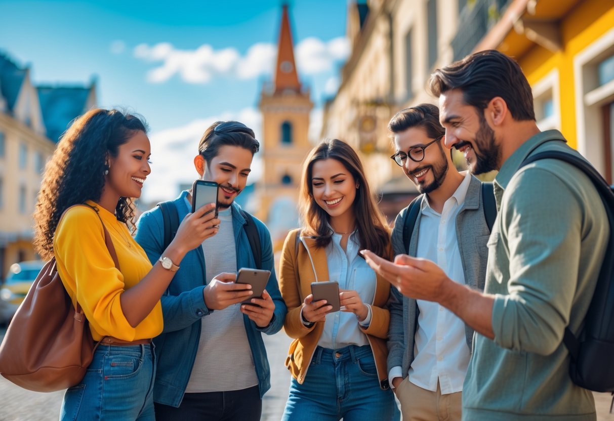 A group of travelers using smartphones and tablets outdoors near city landmarks, interacting with a local guide and exploring travel options.