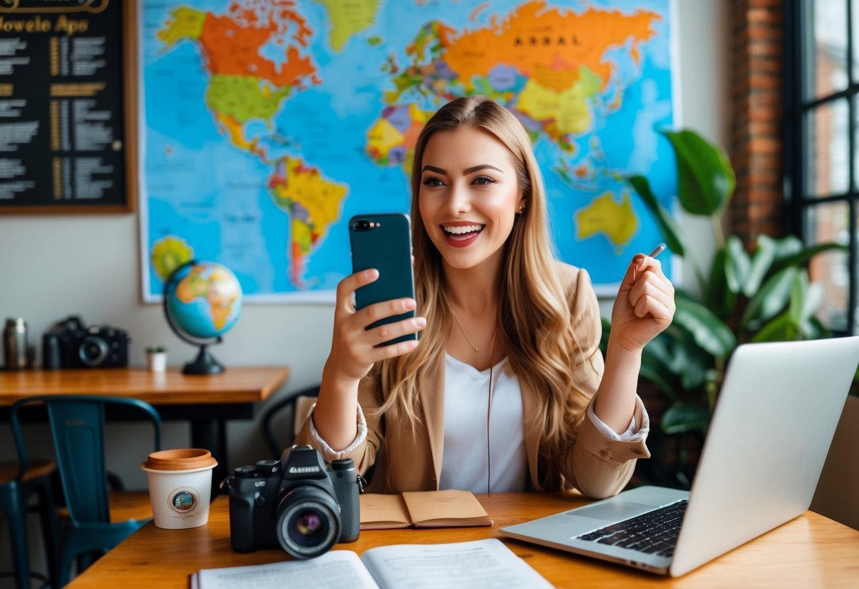 A young woman sitting at a cafe table using a smartphone with a laptop, surrounded by travel items like a passport and a camera.