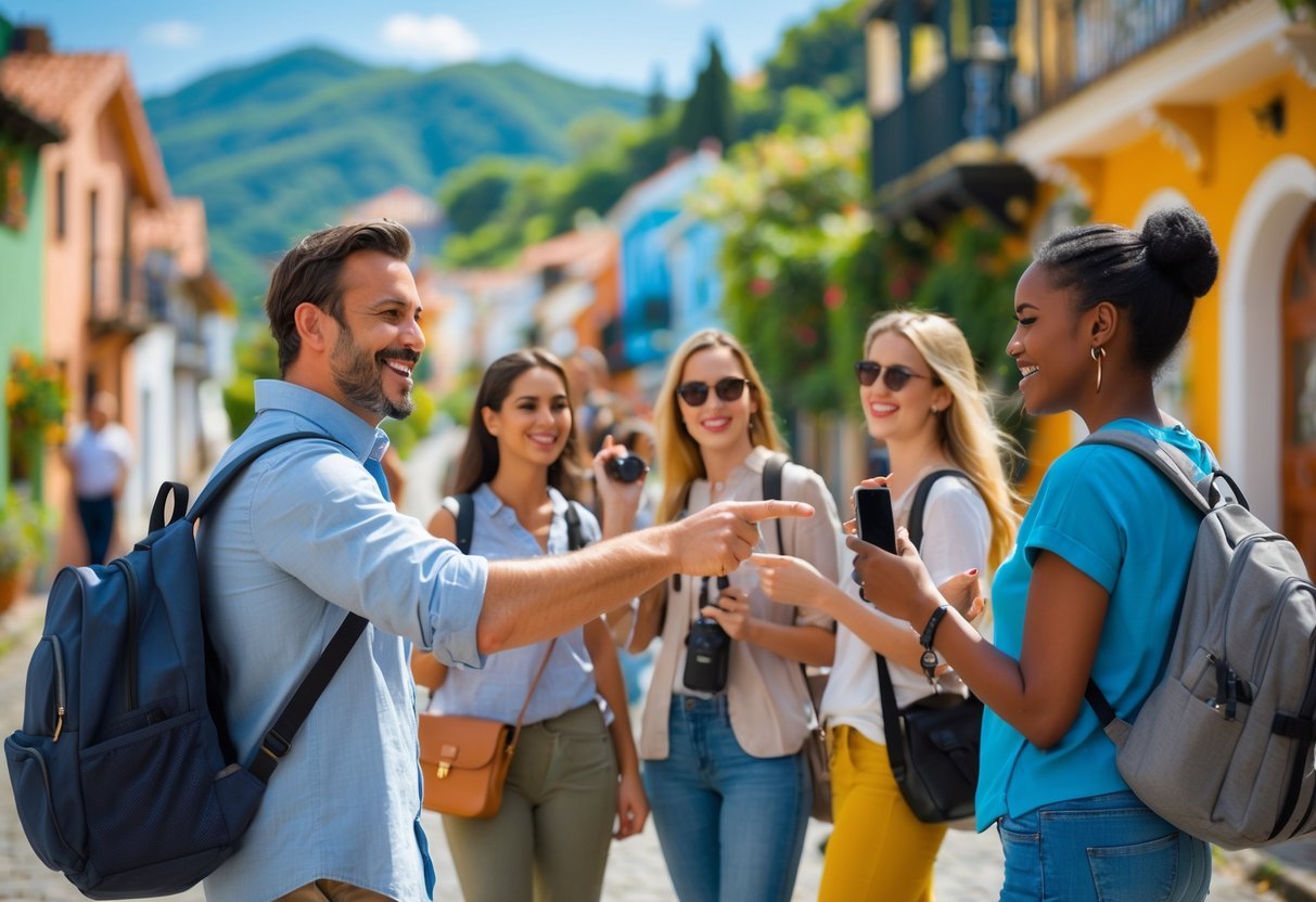 A local guide leading a group of travelers through a colorful neighborhood, sharing information about the area.