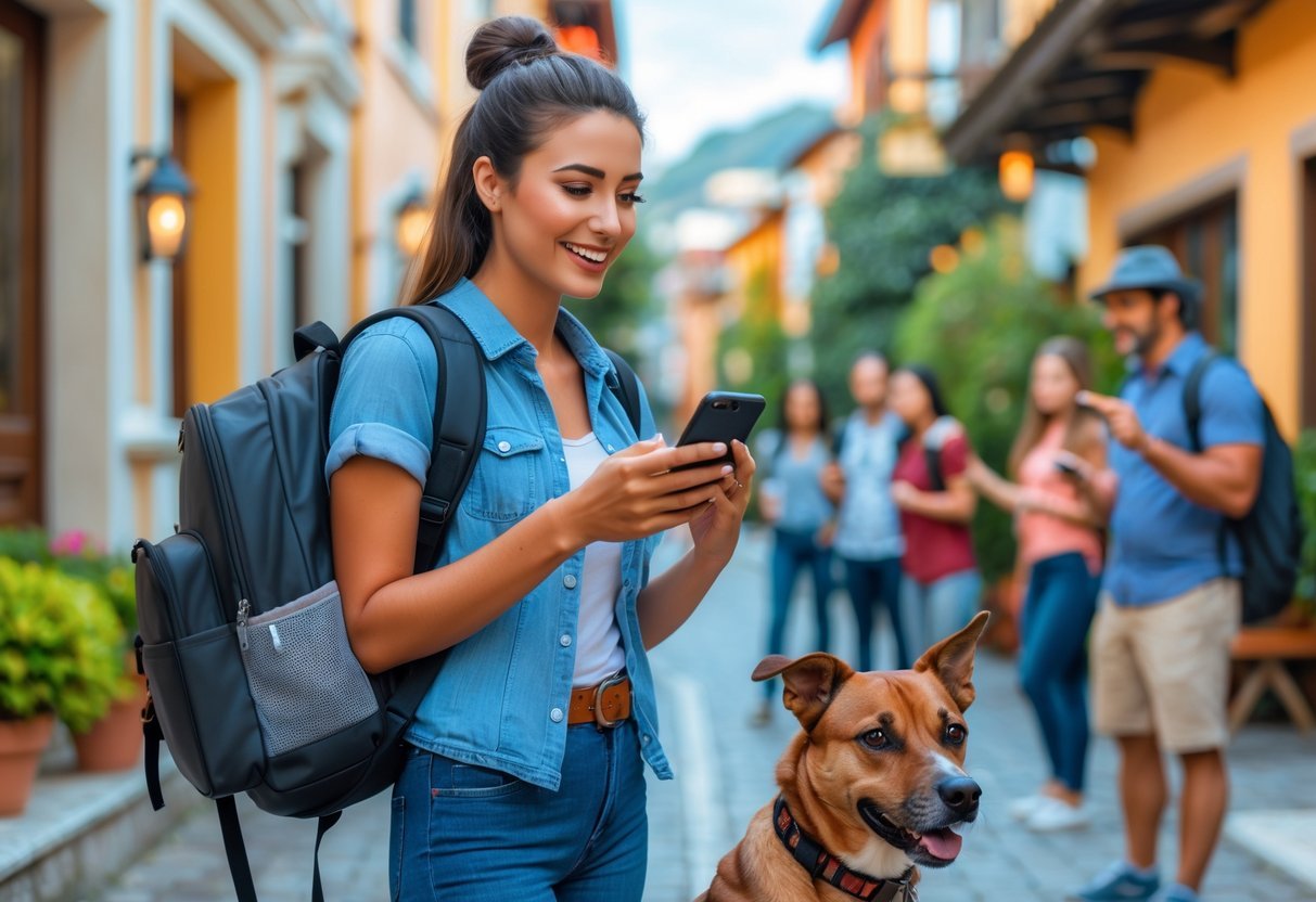 A young woman with a backpack using her smartphone outdoors, accompanied by a calm dog, with a cozy home and a local tour guide with tourists in the background.