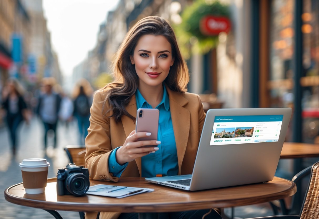 A young woman using a smartphone and laptop at an outdoor café in a busy city with tourists and landmarks in the background.