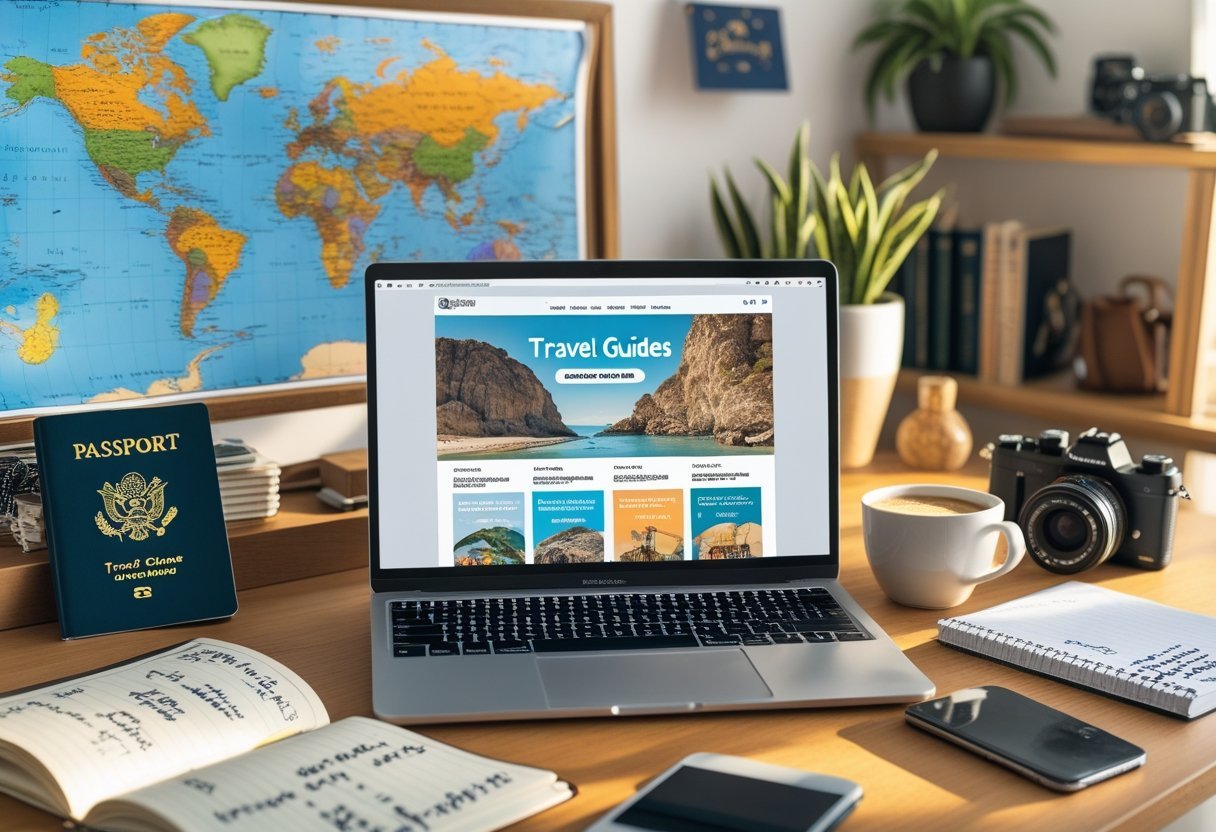 A laptop on a wooden desk surrounded by travel items like a map, passport, camera, and notebook in a cozy home office.