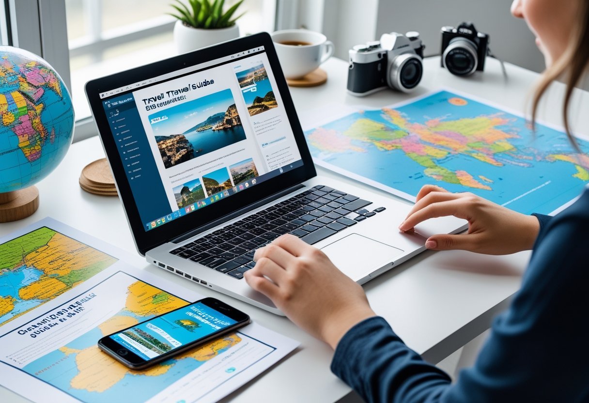 A workspace with a laptop, travel printables, maps, and a smartphone, with hands interacting with the items.