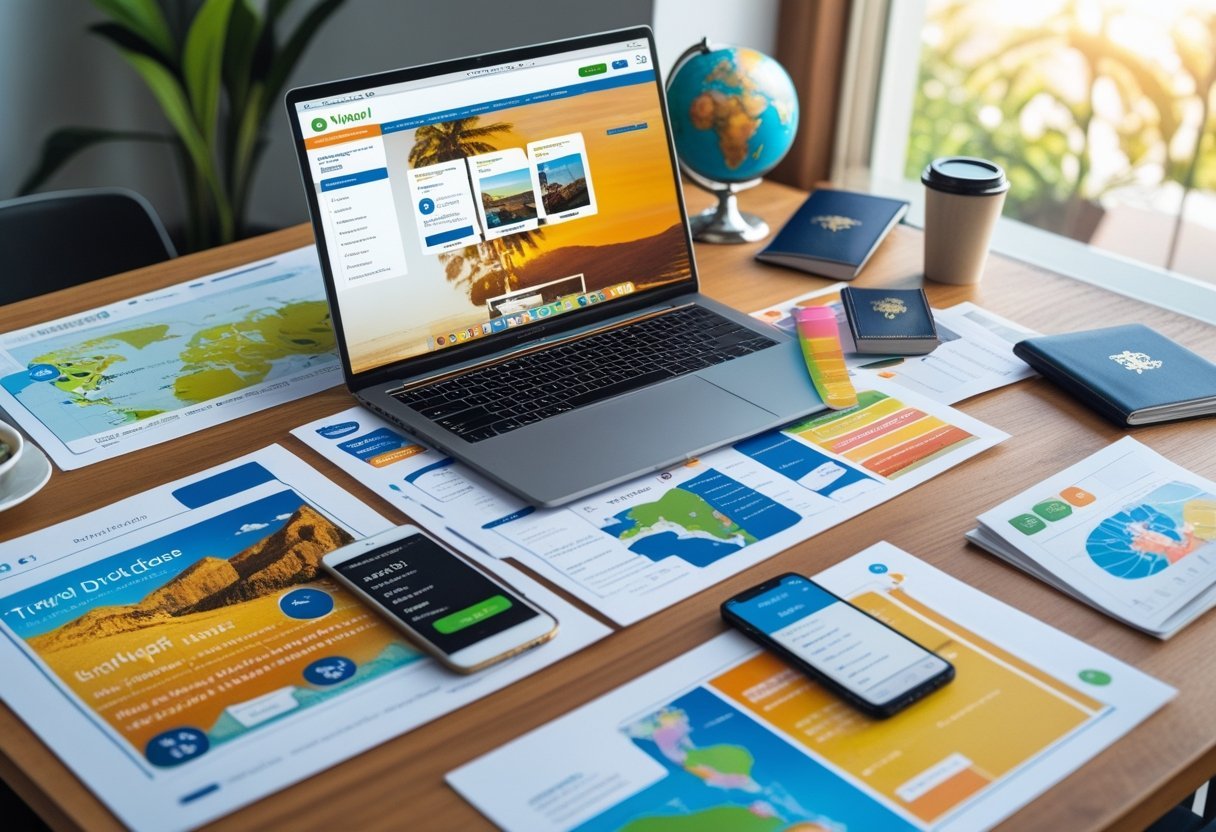 A workspace with a laptop, printed travel guides, colorful printables, a smartphone, a small globe, and a cup of coffee on a wooden desk near a window.