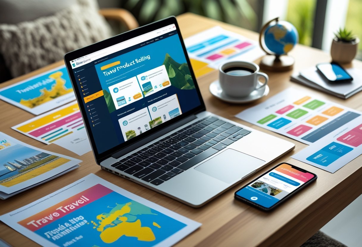 A workspace with a laptop, printed travel guides, colorful printables, a coffee cup, smartphone, and travel-themed decor on a wooden desk.