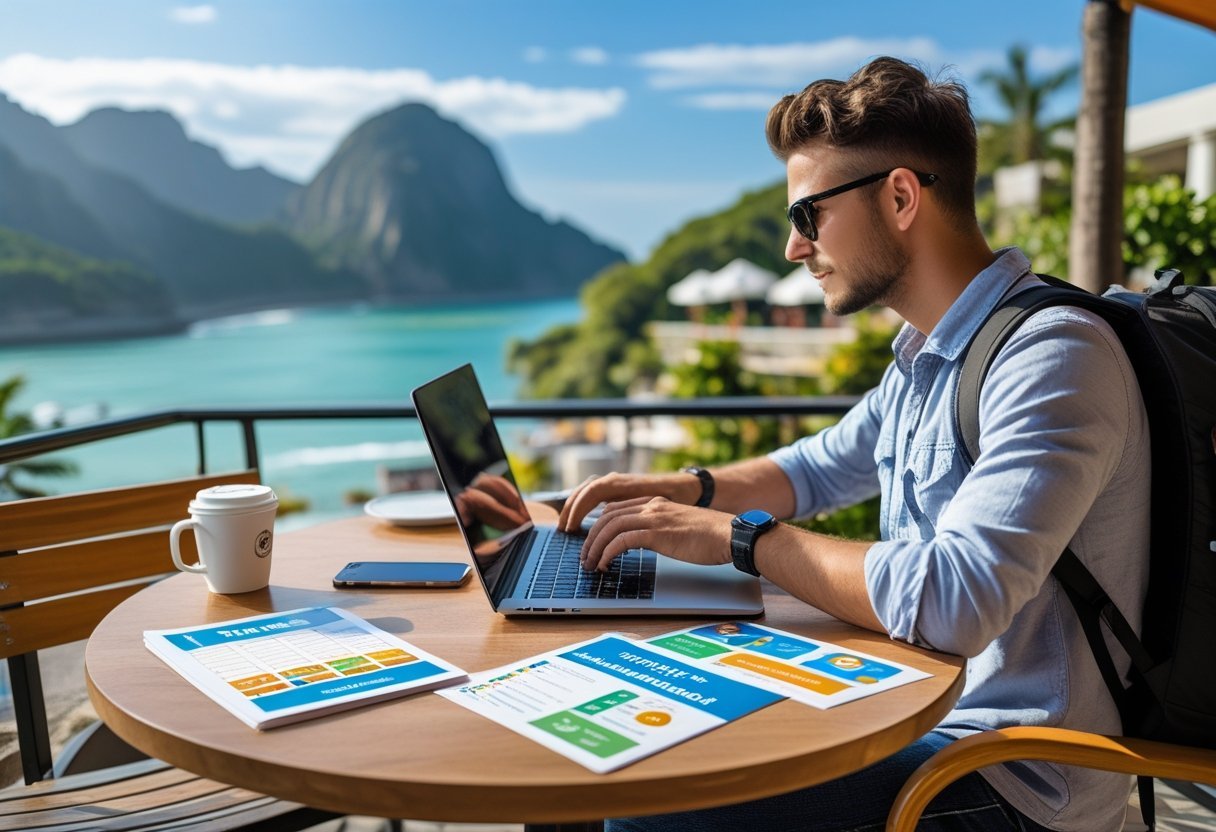 A person working on a laptop at an outdoor café with travel guides, printables, and a scenic background.