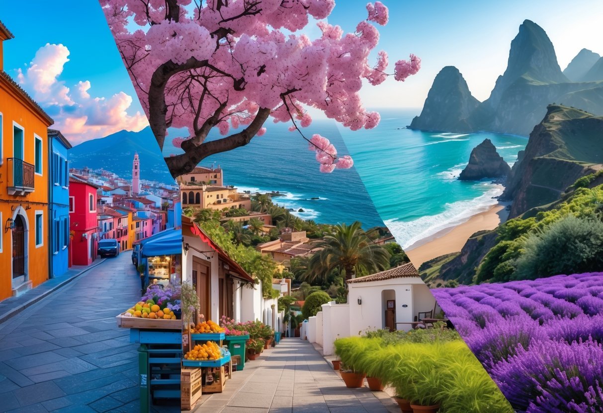 A collage of vibrant scenes from famous travel destinations worldwide, including colorful houses, cherry blossoms, ocean cliffs, busy markets, modern city skyline, and lavender fields.