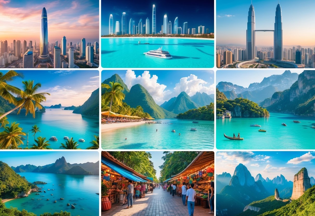 A collage of popular travel destinations including a futuristic city skyline, a tropical beach, a colorful street market, snowy mountains, and a famous cultural monument at sunset.