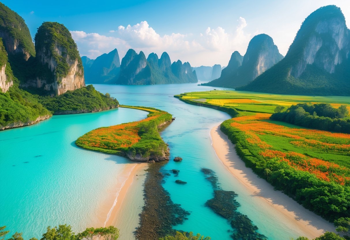 A panoramic view of diverse stunning natural landscapes including turquoise lagoon, wildflower meadows, snow-capped mountains, sandy beach, green forests, and waterfalls under a clear blue sky.