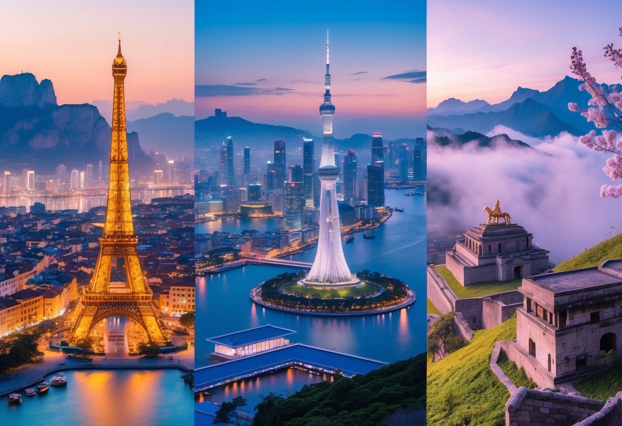A collage of famous global landmarks including the Eiffel Tower, colorful Venetian houses, Singapore skyline, Kyoto temples with cherry blossoms, Times Square at night, and Machu Picchu ruins with mountains.