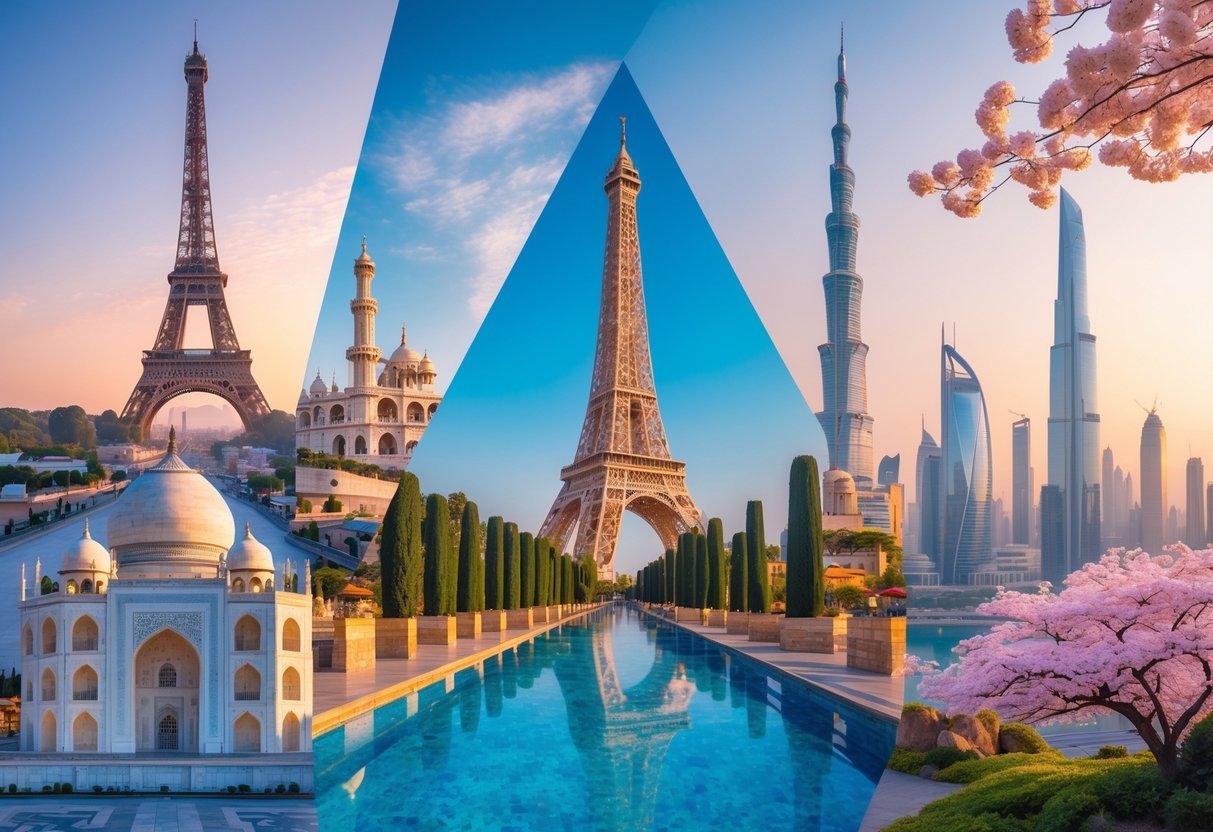 A collage of famous global landmarks including the Eiffel Tower, colorful coastal houses, the Taj Mahal, Dubai skyline, and Mount Fuji with cherry blossoms, with tourists taking photos respectfully.