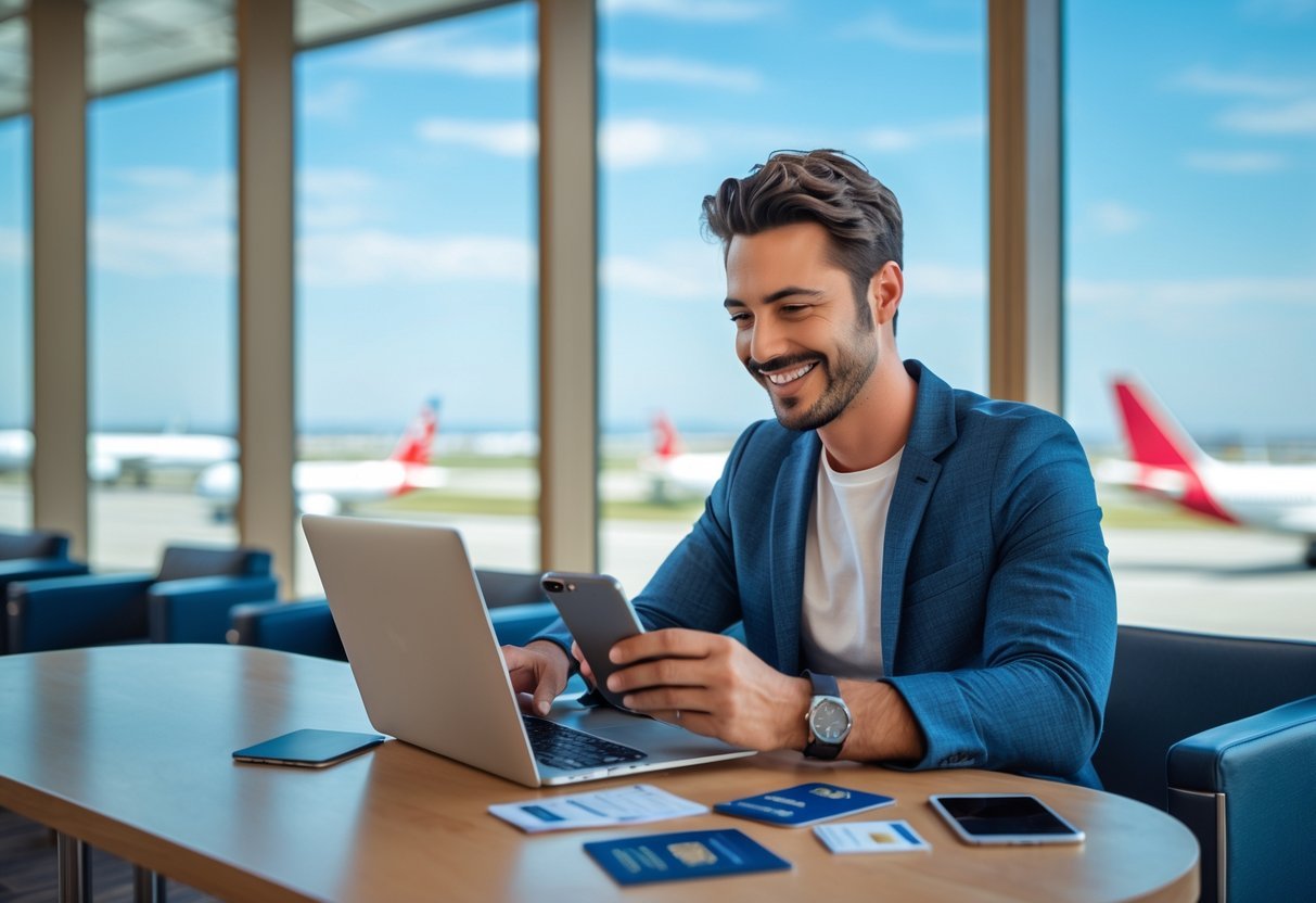 A traveler at an airport lounge using a laptop and smartphone with travel documents nearby and airplanes visible outside the window.