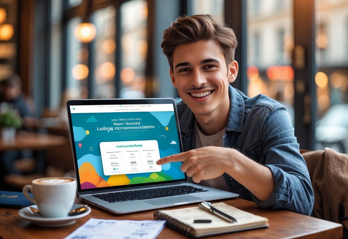 A young traveler sitting at a cafe table with a laptop, surrounded by travel items like a passport, map, coffee cup, and notebook, looking happy and focused.