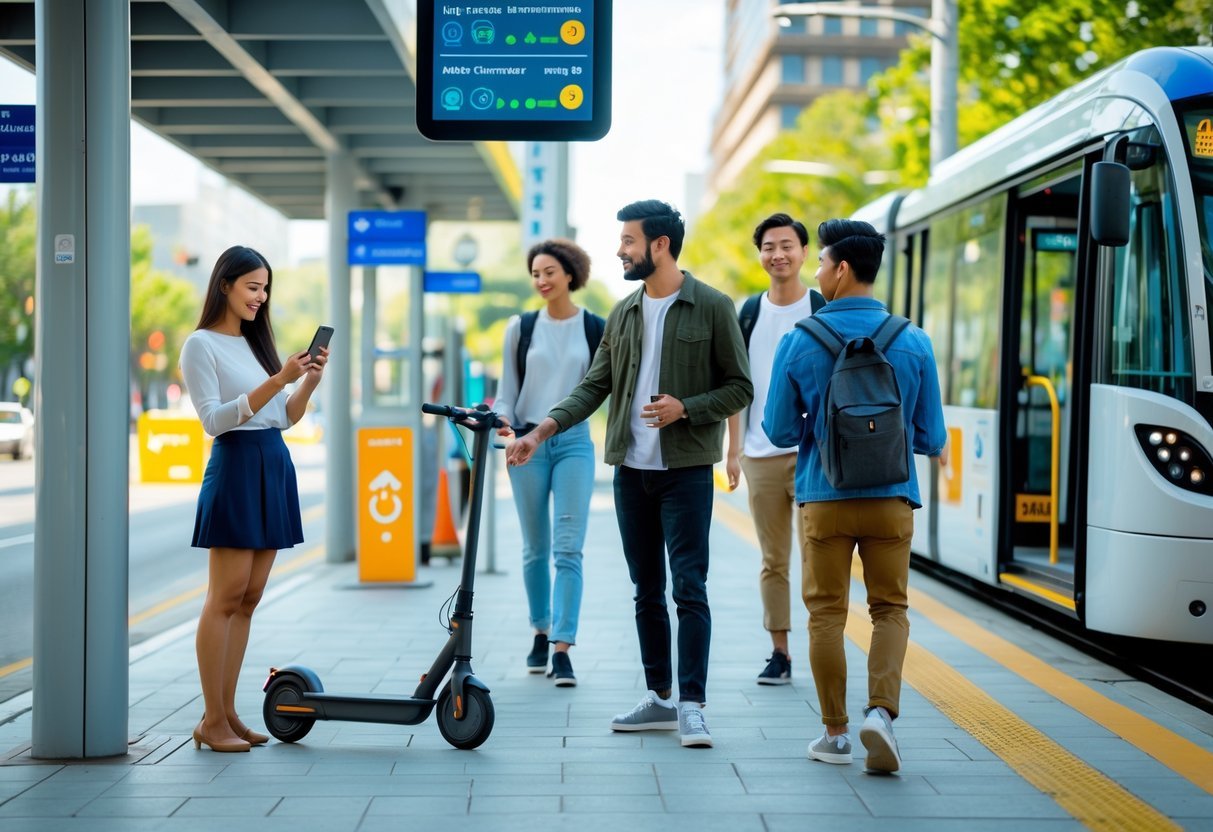 People using different local transportation options like a bus stop, electric scooter, and city tram in a clean urban environment.