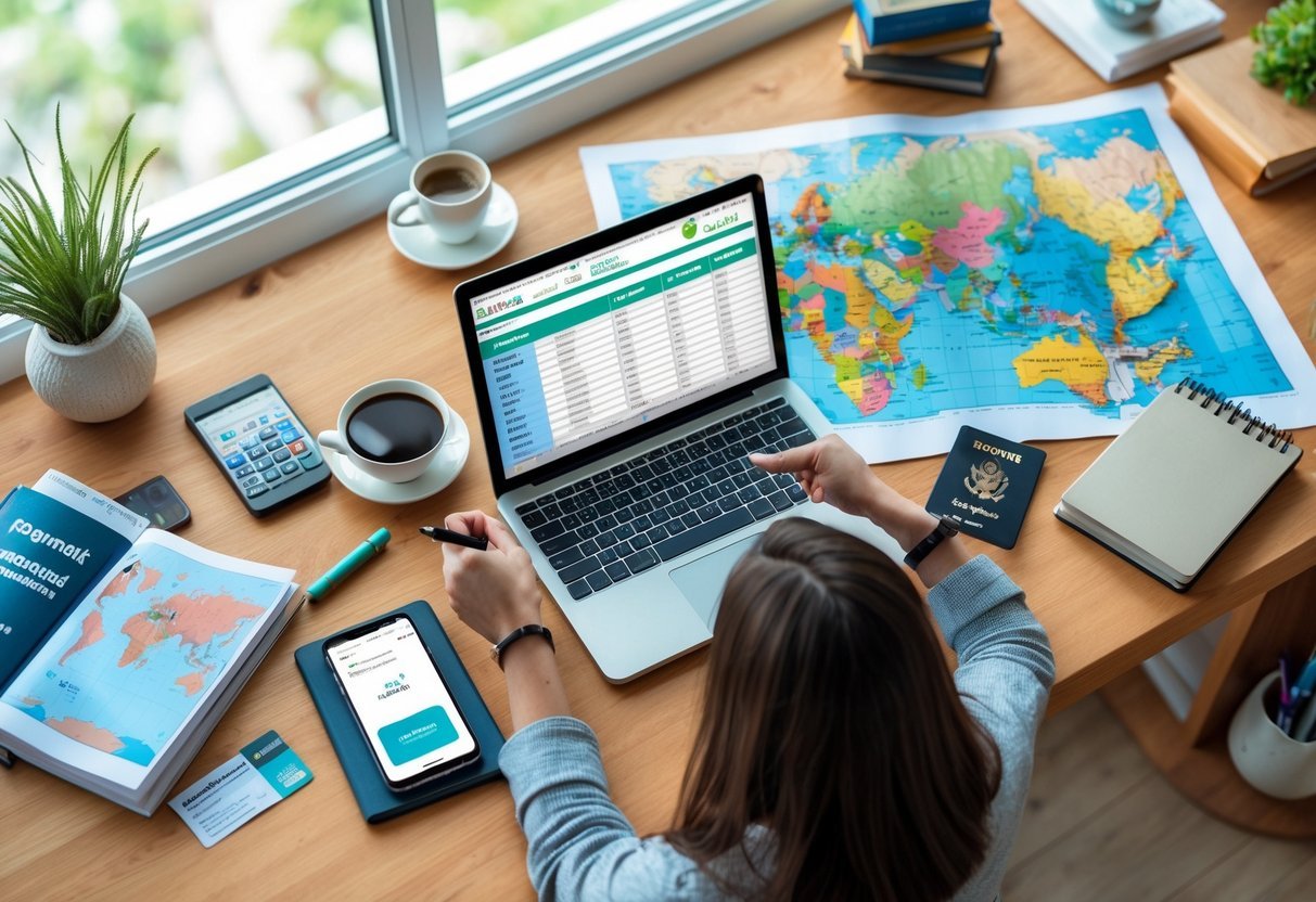 A person sitting at a desk with a laptop, smartphone, map, passport, and travel items, planning travel finances.