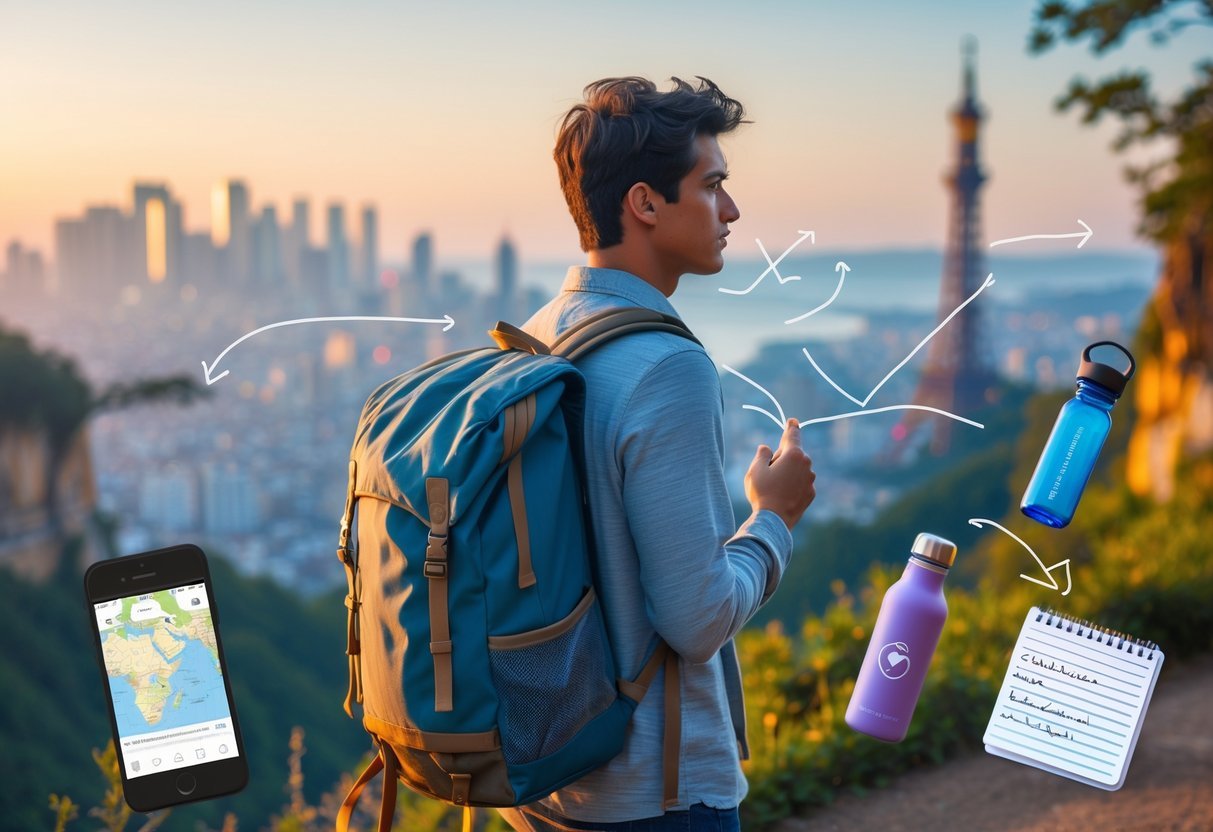 A young traveler with a backpack standing at a scenic viewpoint overlooking a city and natural landscape during sunset, surrounded by travel-related items like a map, smartphone, and notebook.