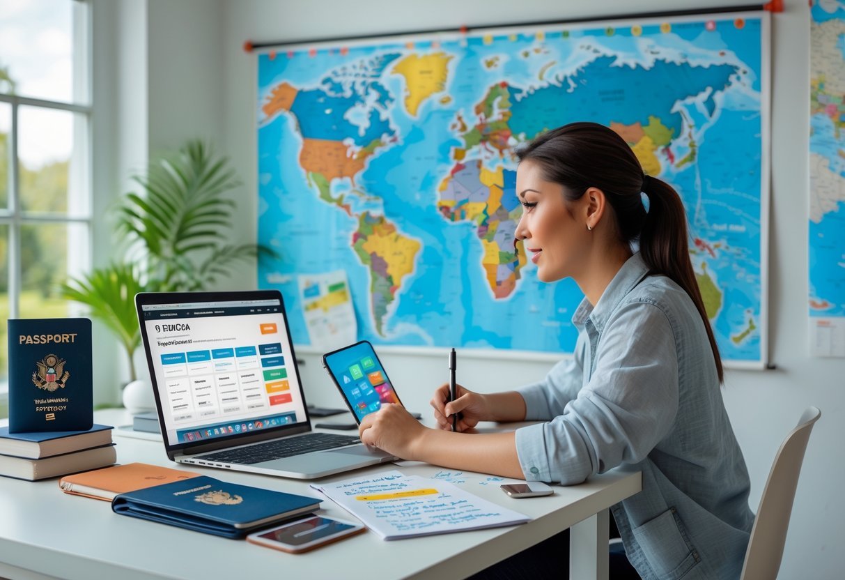 A young traveler sitting at a desk with a laptop, passport, and travel accessories, planning a budget-friendly trip with a world map in the background.
