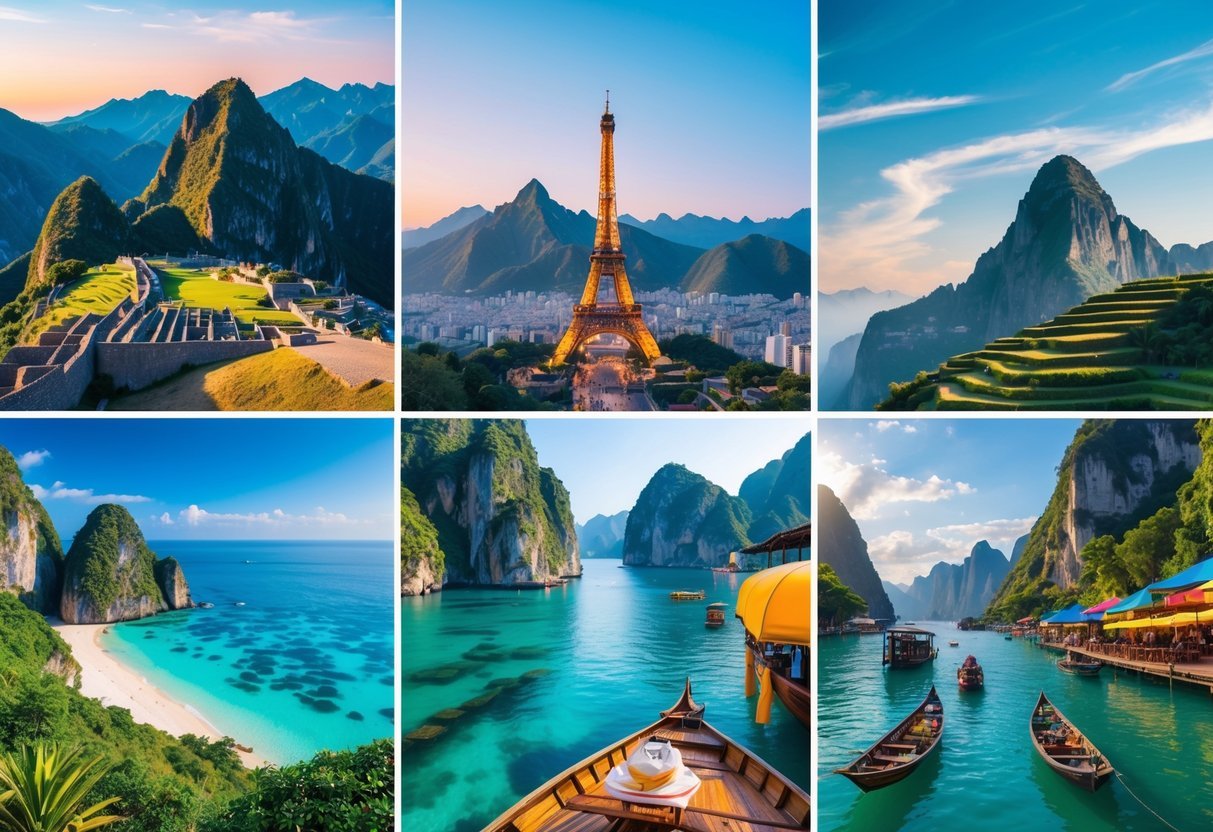 A collage of famous travel destinations including Machu Picchu, the Eiffel Tower, Maldives beaches, Amalfi Coast cliffs, and Thai floating markets under a clear sky.