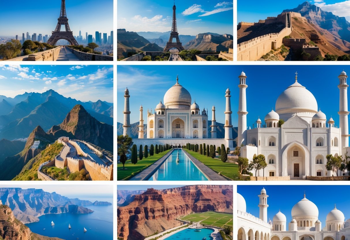 A collage of famous world landmarks including the Eiffel Tower, Great Wall of China, Taj Mahal, Machu Picchu, Sydney Opera House, Grand Canyon, and Santorini buildings under clear skies.