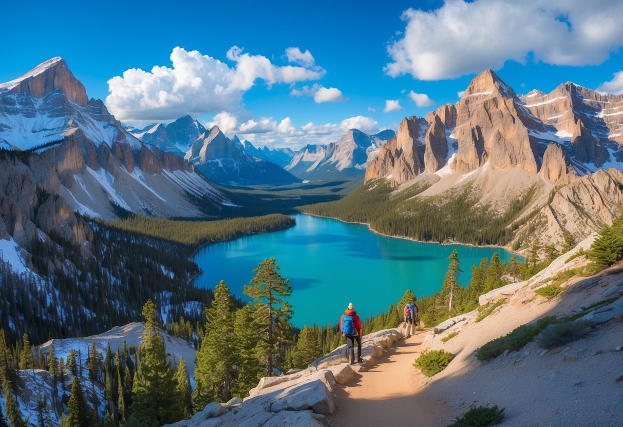 Panoramic view of snow-capped mountains, a turquoise lake, green pine forests, and a hiking trail with people enjoying the natural landscape.