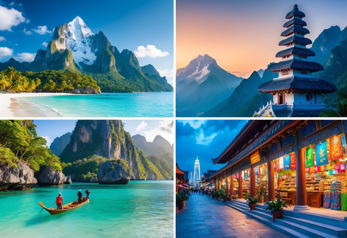 A collage showing a tropical beach, mountain hikers, an ancient temple, a busy street market, and a city skyline at sunset.