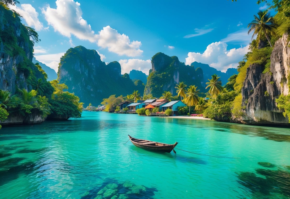 Secluded turquoise lagoon surrounded by green tropical trees and limestone cliffs with a small wooden boat floating on calm water and a rustic village visible in the background.