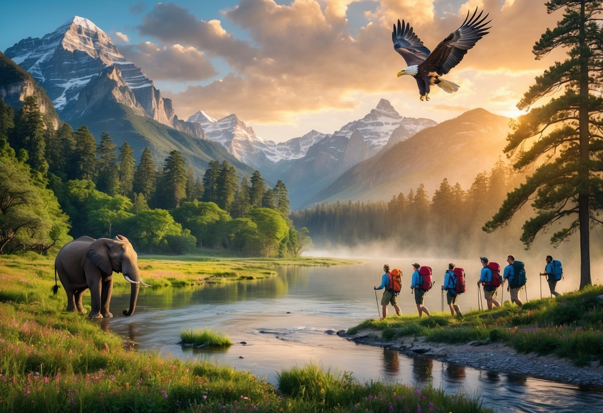 A wild elephant near a river with hikers on a mountain trail and a bald eagle flying over a forest and lake at sunset.