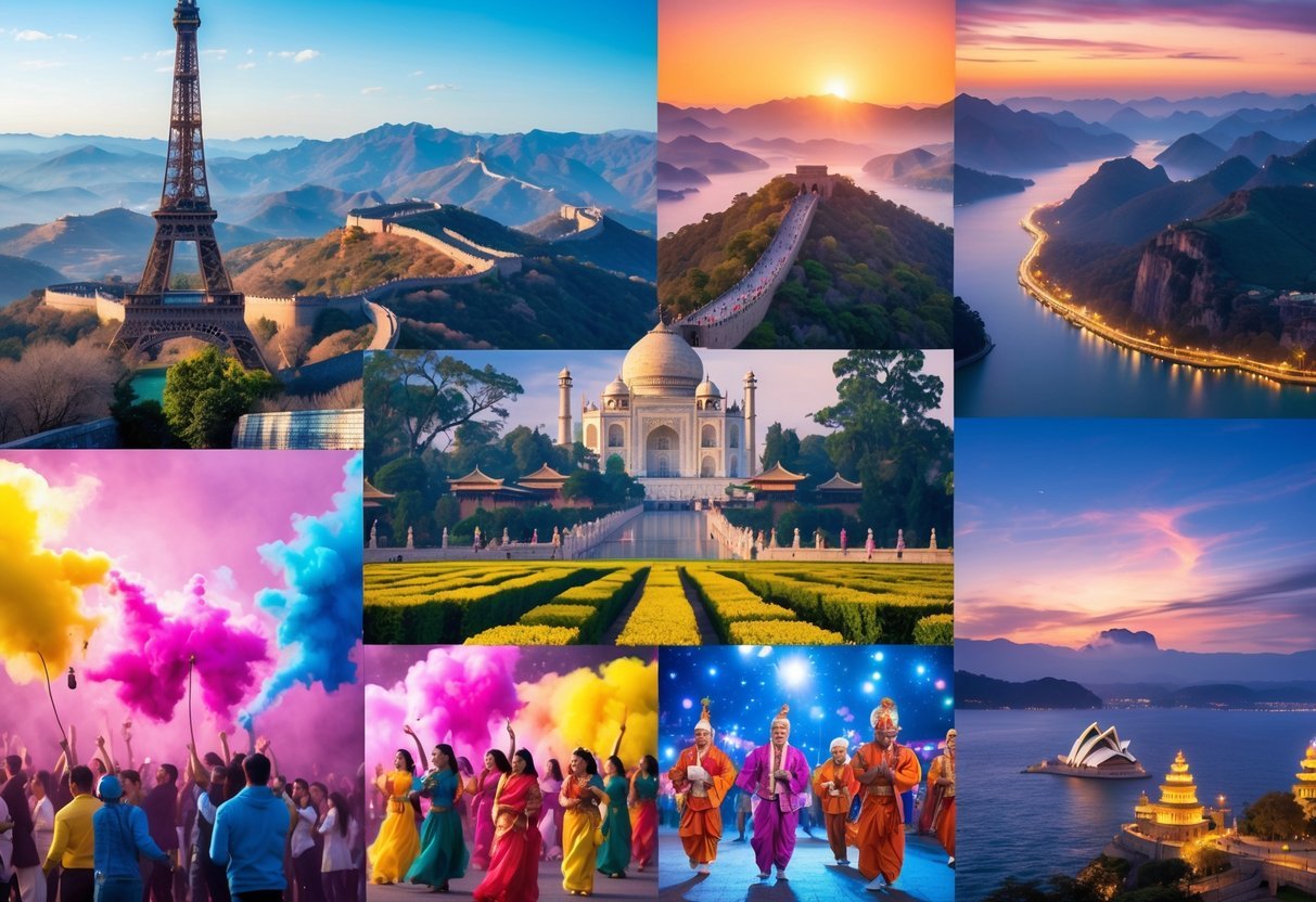 A collage of famous cultural landmarks and vibrant global festivals including the Eiffel Tower, Great Wall of China, Colosseum, Taj Mahal, Sydney Opera House, Holi festival, cherry blossom festival, Rio Carnival, and Northern Lights.