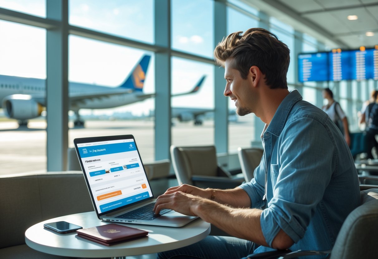 A young traveler at an airport lounge using a laptop to book flights with a smartphone and passport on the table.