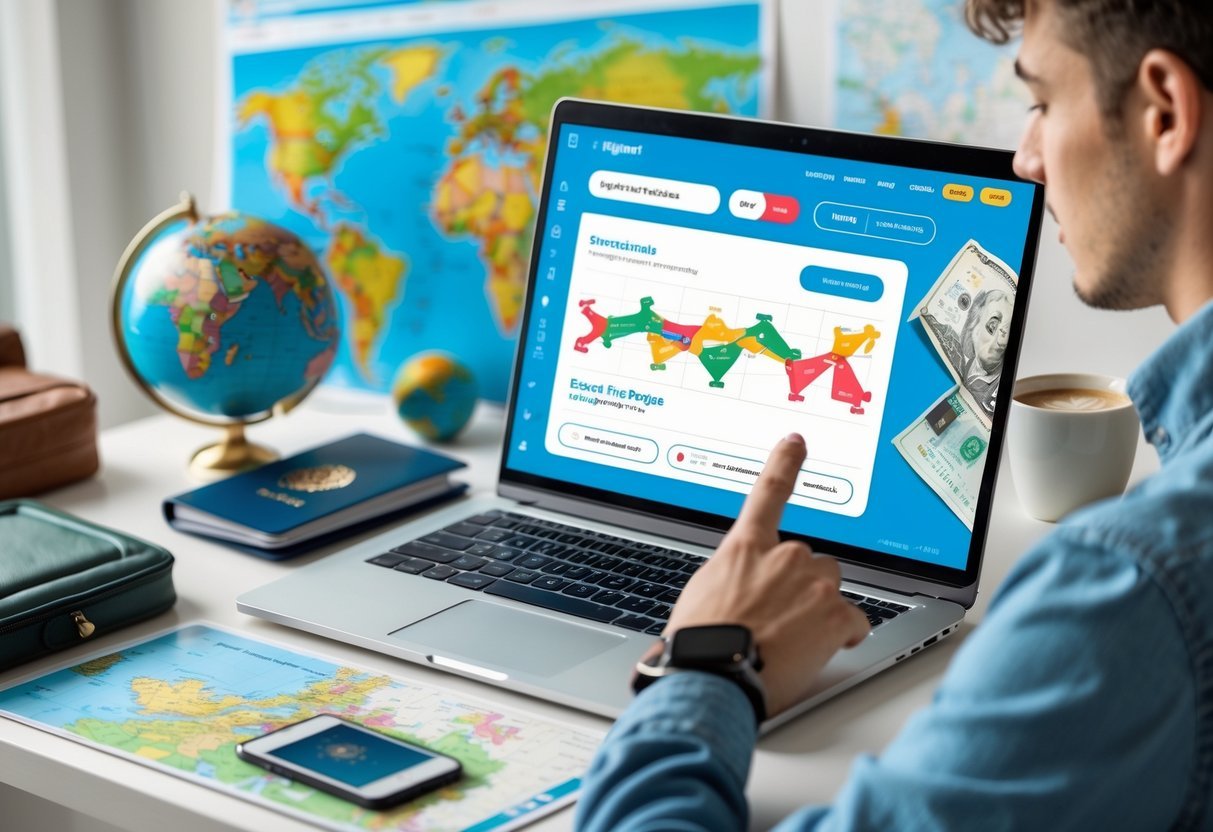 A person using a laptop and smartphone to plan travel with a world map, passport, and travel items on a desk.
