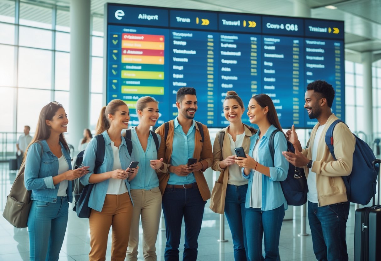 A group of travelers smiling and looking at a flight information display inside a bright airport terminal.